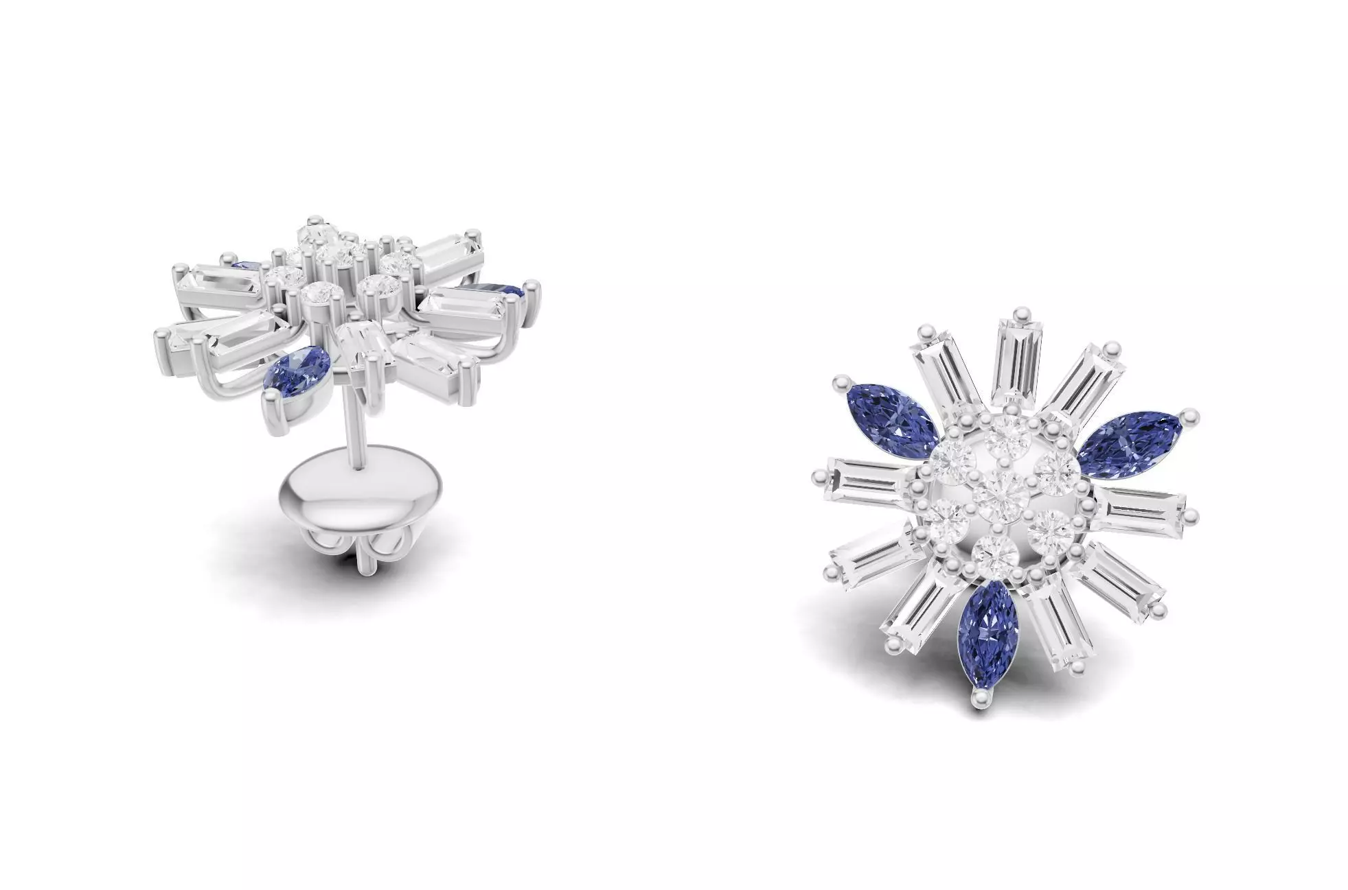 Floral Sapphire And Diamond Stud Earrings With Baguette 3D print model