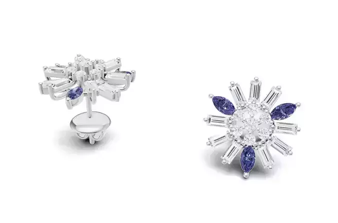 Floral Sapphire And Diamond Stud Earrings With Baguette