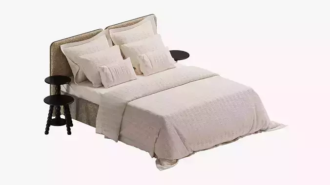Beige bed with seersucker fabric bedding