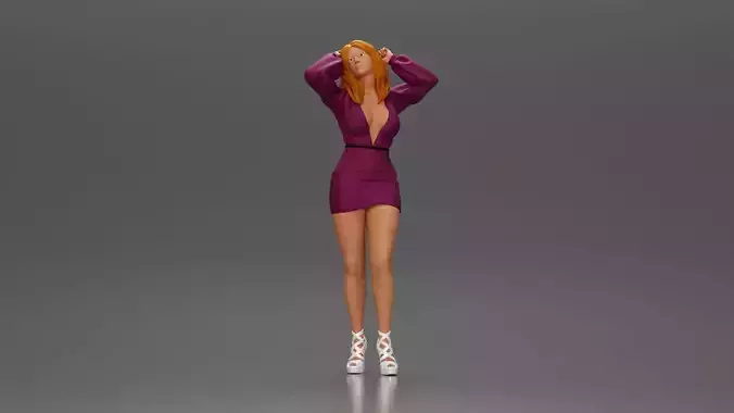 Confident woman in purple dress and white heels striking pose