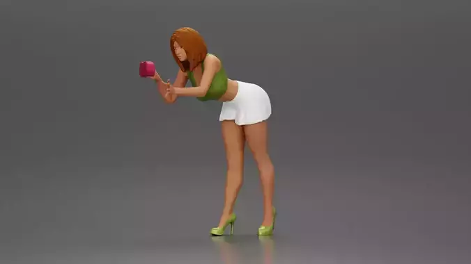 Woman in green top and white skirt washing car with sponge