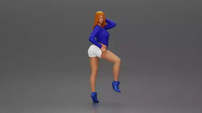 Woman in blue top and white shorts posing on a motorbike