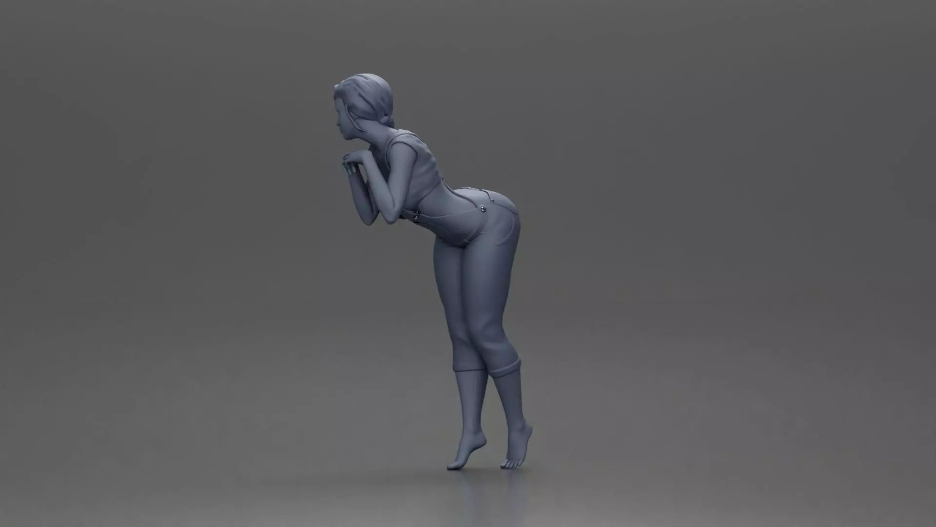 Woman in Overalls Playfully Posing with Curiosity 3D print model_10