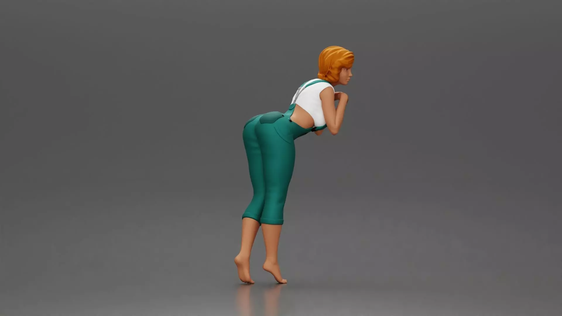 Woman in Overalls Playfully Posing with Curiosity 3D print model_1