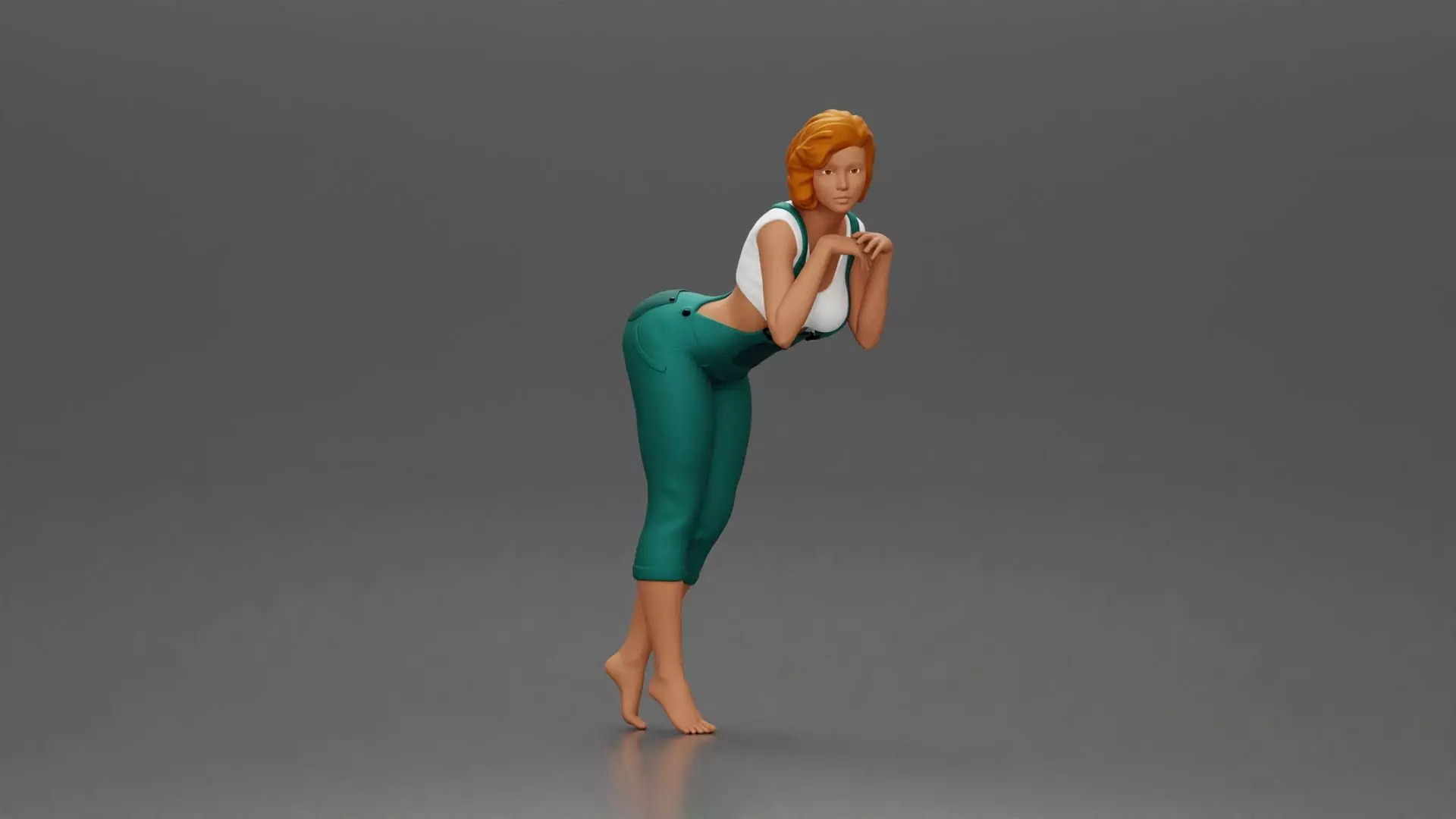 Woman in Overalls Playfully Posing with Curiosity 3D print model_0