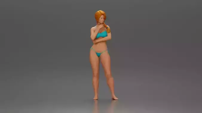 Woman in Bikini Posing Thoughtfully with Hand on Her Chin