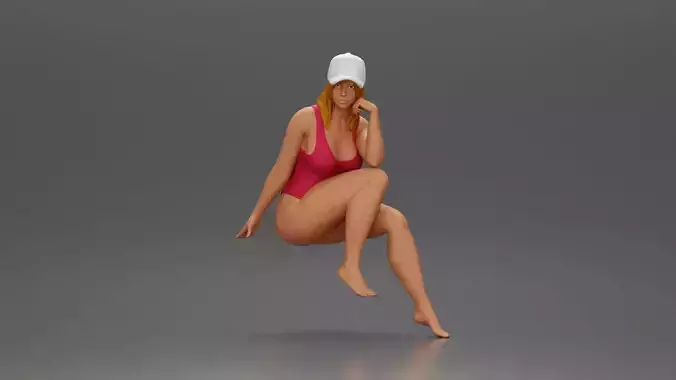 Woman in Swimsuit and Cap Sitting Thoughtfully in Relaxed Pose