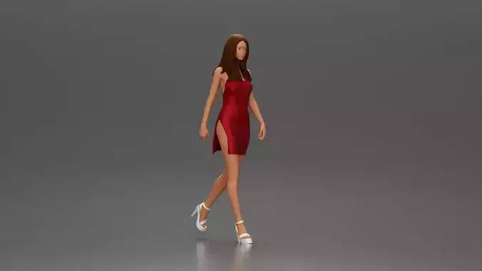 Woman in Red Dress and Heels Walking with Confident Stride