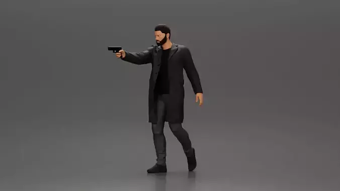 Man in Black Coat Aiming a Gun with Confident Stance