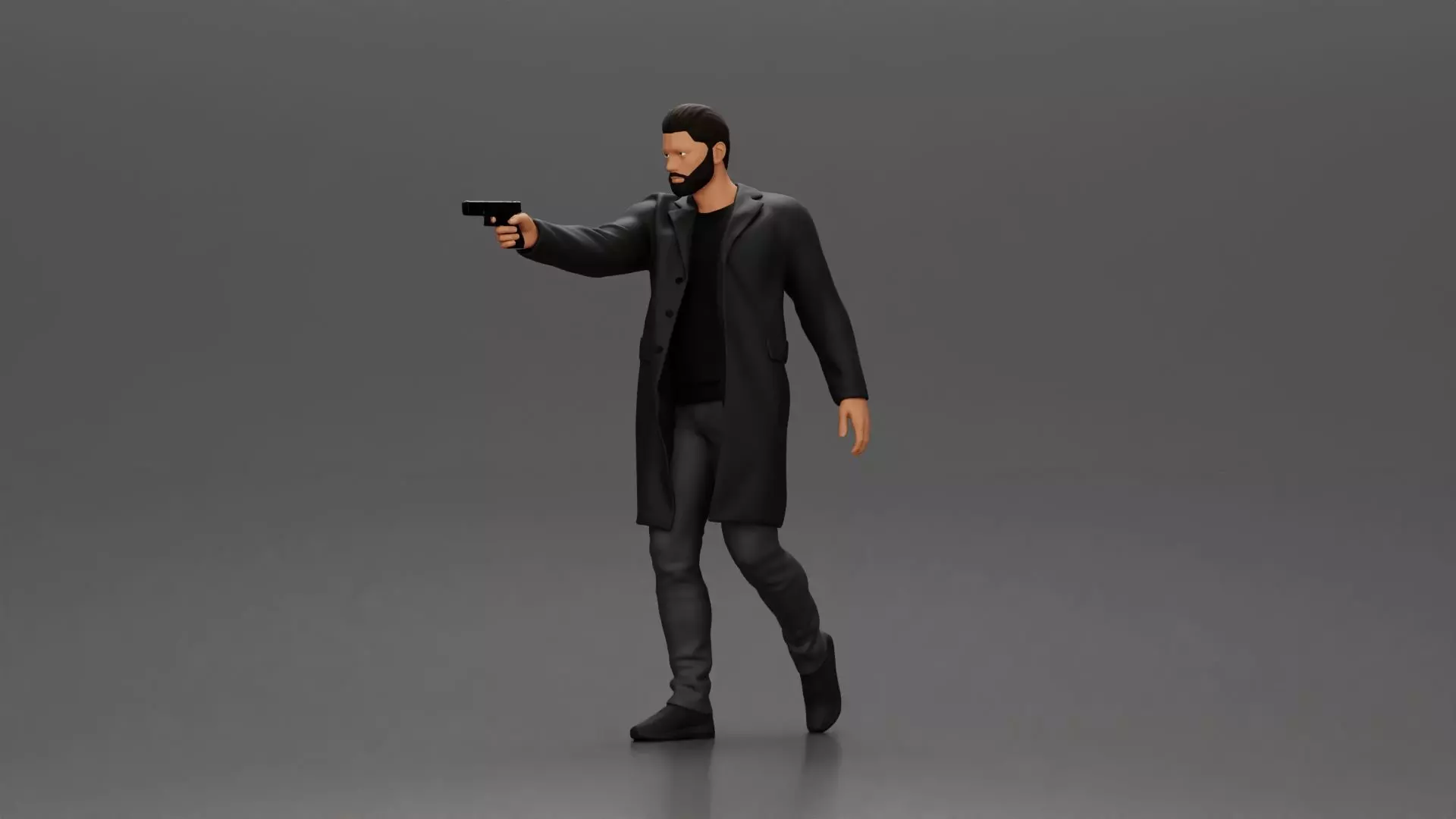 Man in Black Coat Aiming a Gun with Confident Stance 3D print model_0
