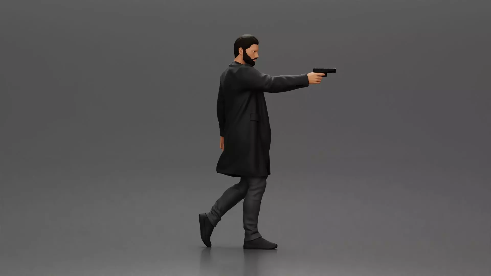 Man in Black Coat Aiming a Gun with Confident Stance 3D print model_2