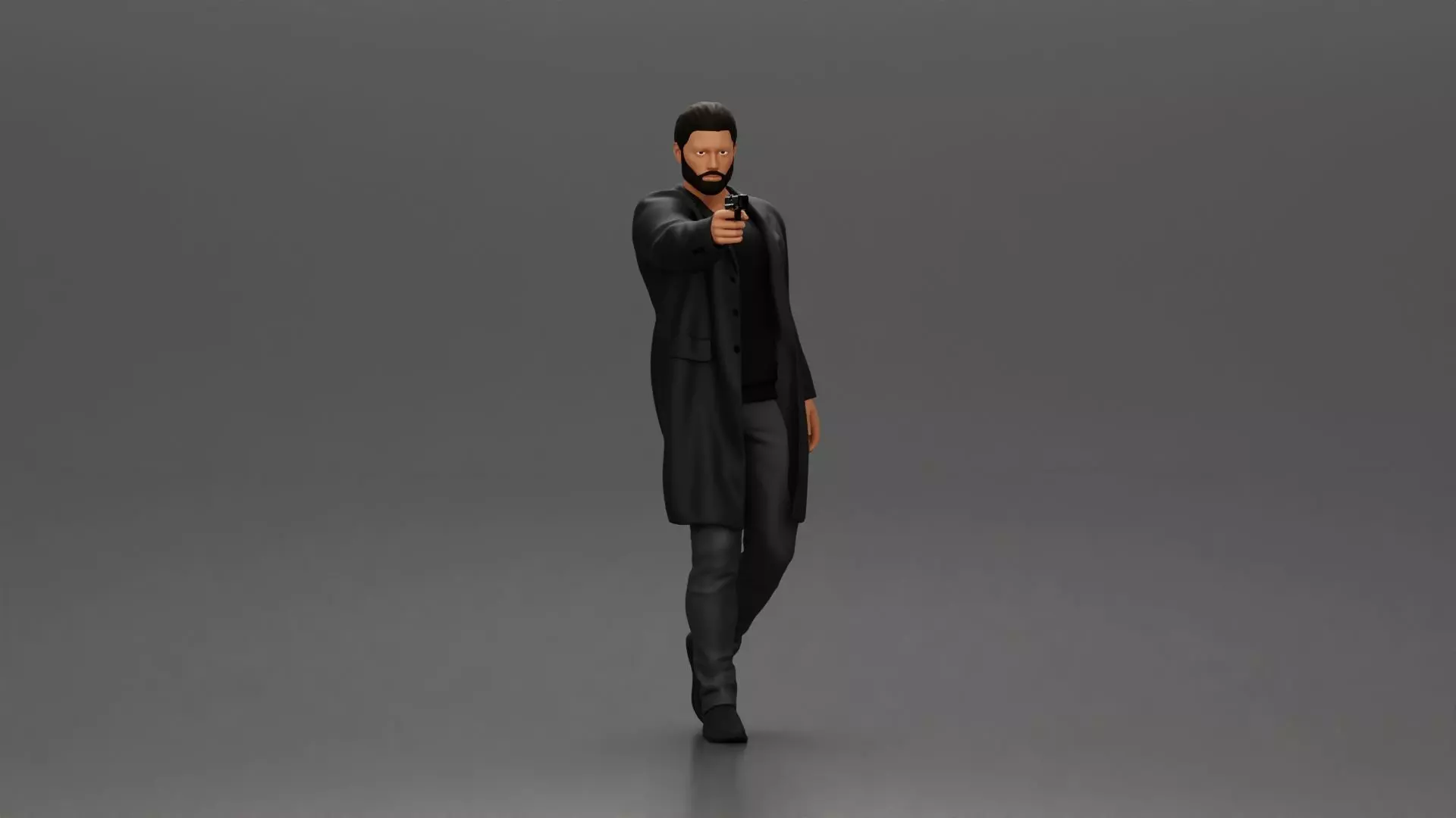 Man in Black Coat Aiming a Gun with Confident Stance 3D print model_1
