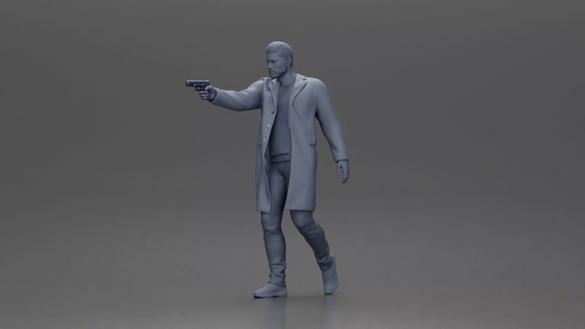Man in Black Coat Aiming a Gun with Confident Stance 3D print model_6
