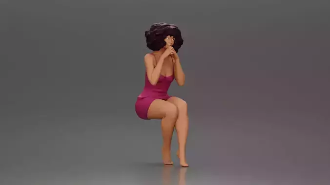 Woman in Pink Dress Sitting with Hands on Chin