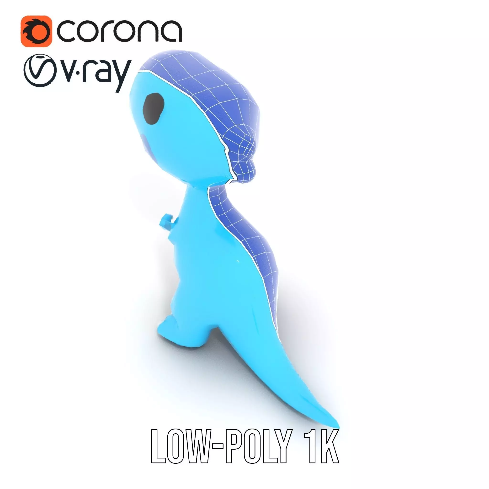Whimsical bright blue cartoon dino with short snout wide eyes... Low-poly 3D model_25