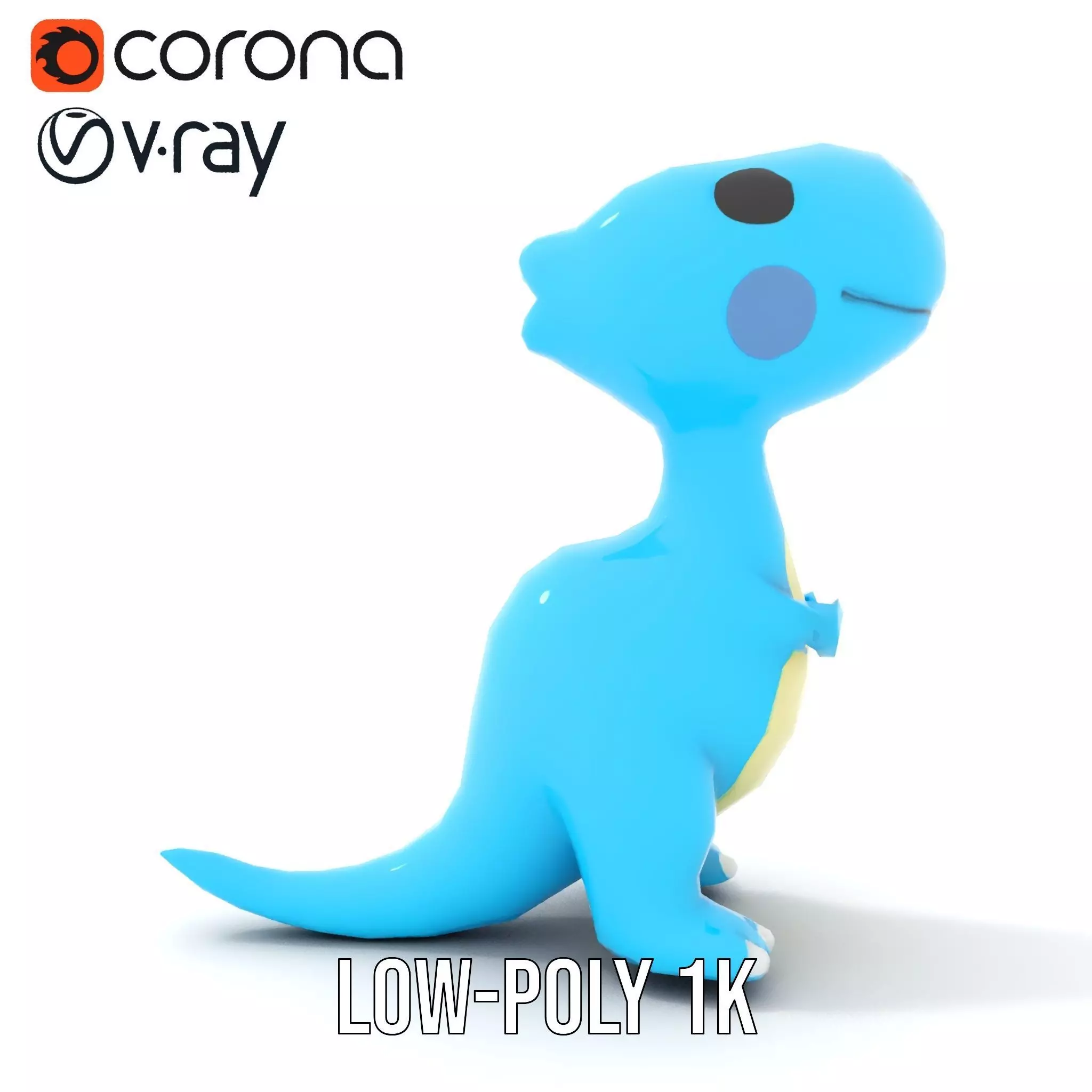 Whimsical bright blue cartoon dino with short snout wide eyes... Low-poly 3D model_28