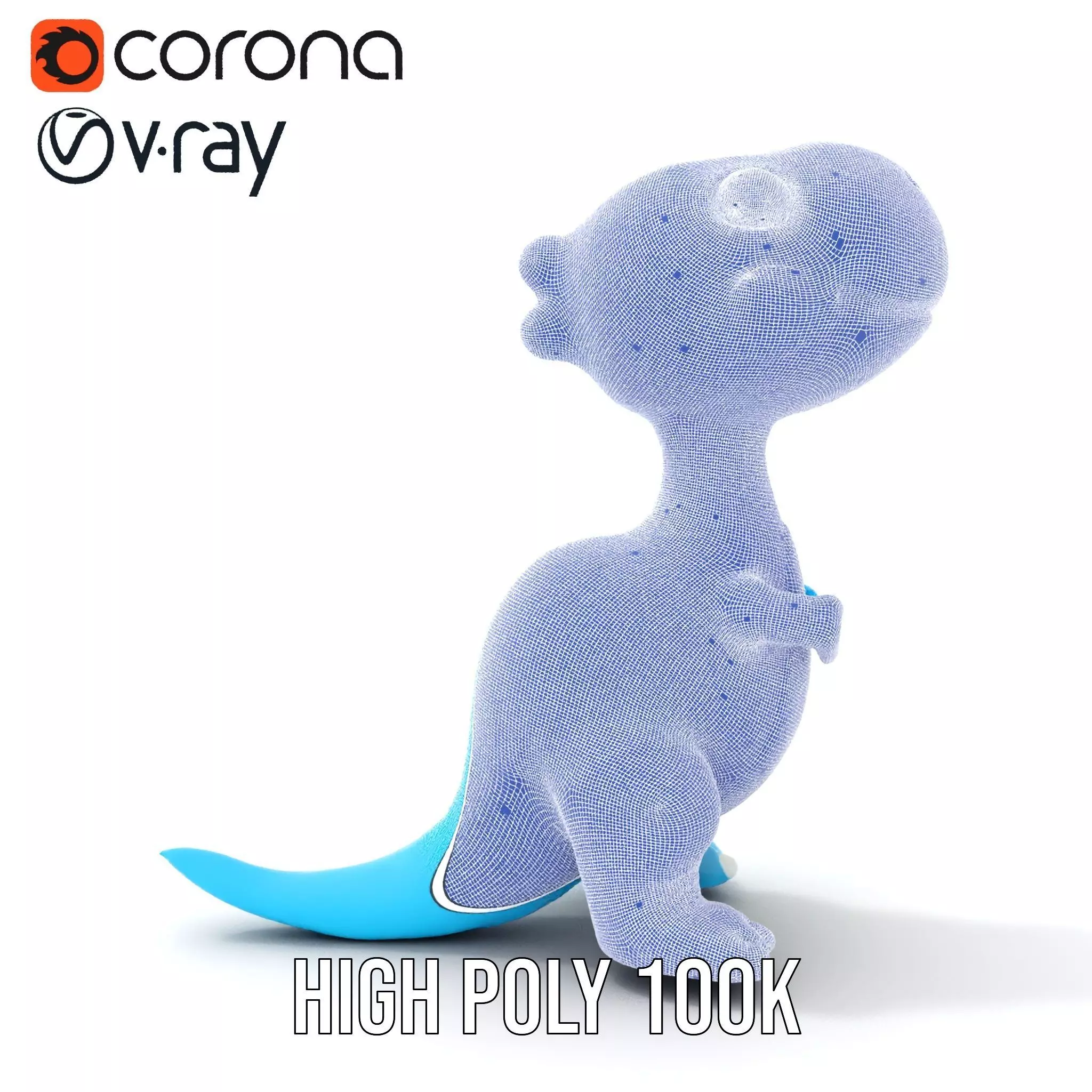 Whimsical bright blue cartoon dino with short snout wide eyes... Low-poly 3D model_34