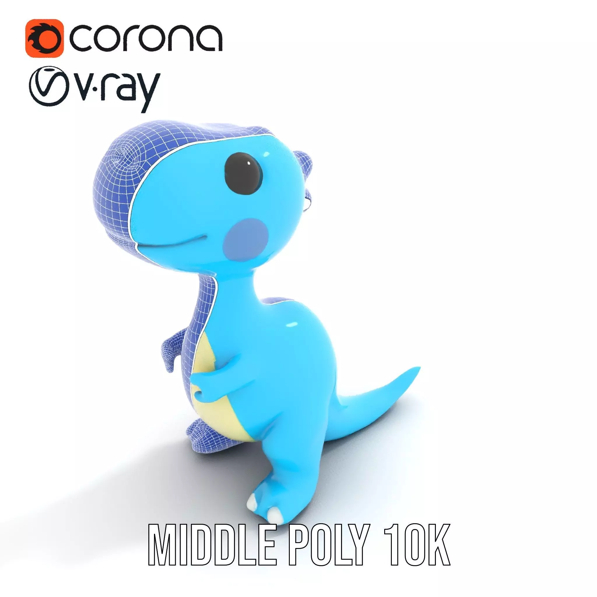 Whimsical bright blue cartoon dino with short snout wide eyes... Low-poly 3D model_5
