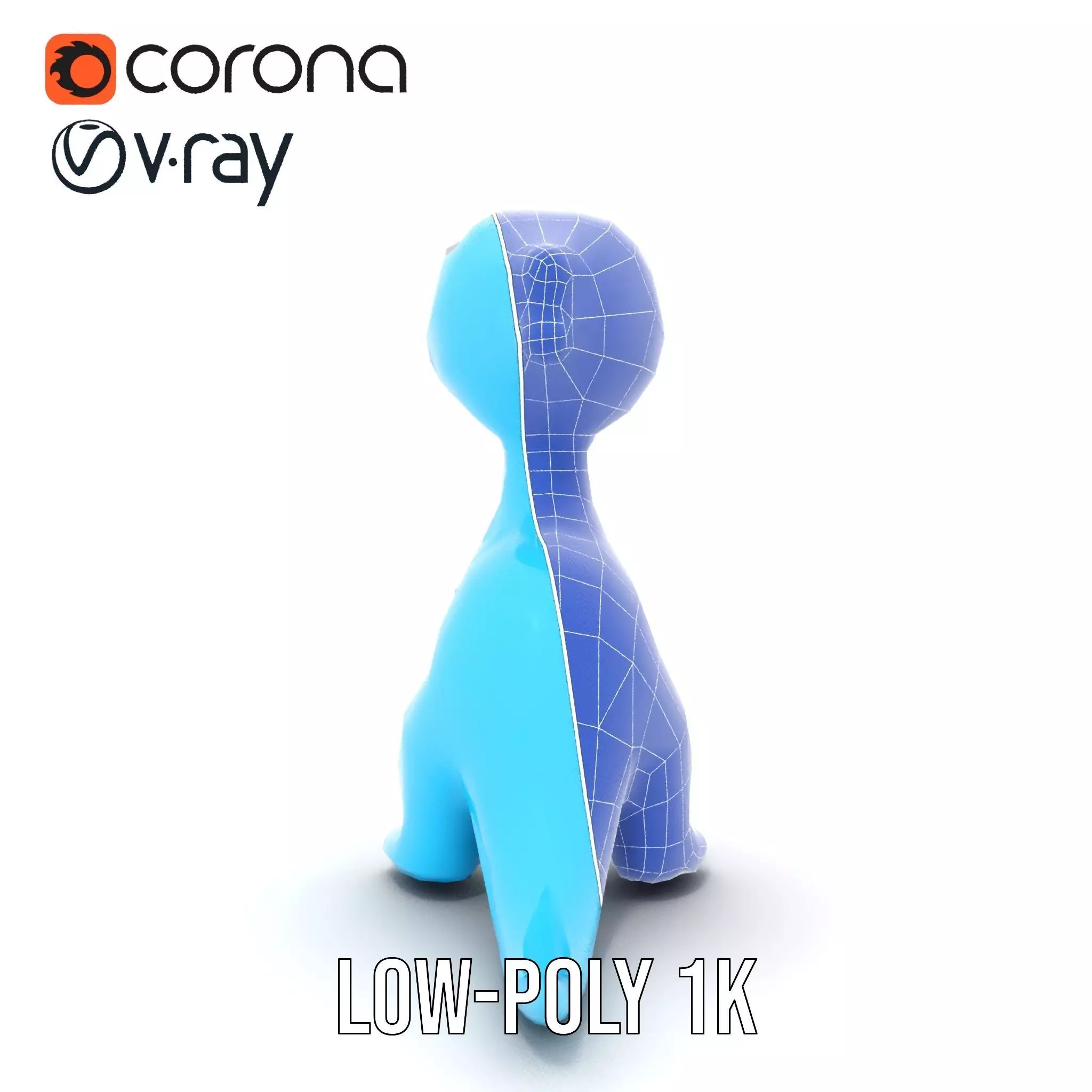 Whimsical bright blue cartoon dino with short snout wide eyes... Low-poly 3D model_30