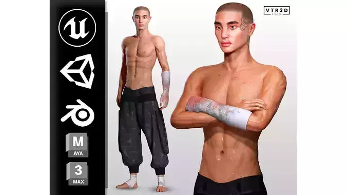 Realistic Male Fighter Character Athletic Body Battle Scars