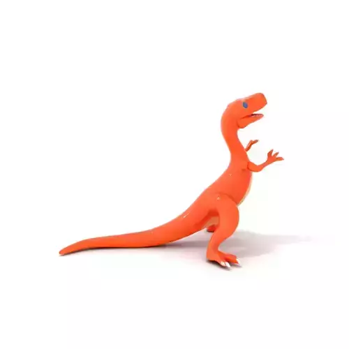 A burnt orange plastic dinosaur bubbly eyes and scrambling feet embodying a joyous stance