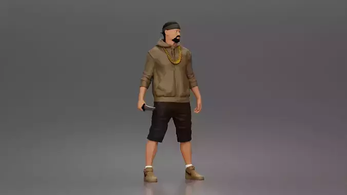 gangster holding knife wearing hoodie sneakers chain headband