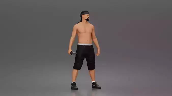 gangster stands holding knife wearing shorts sneakers headband