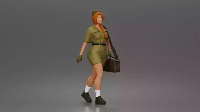 woman soldier walks carrying bag wearing shorts cap gloves