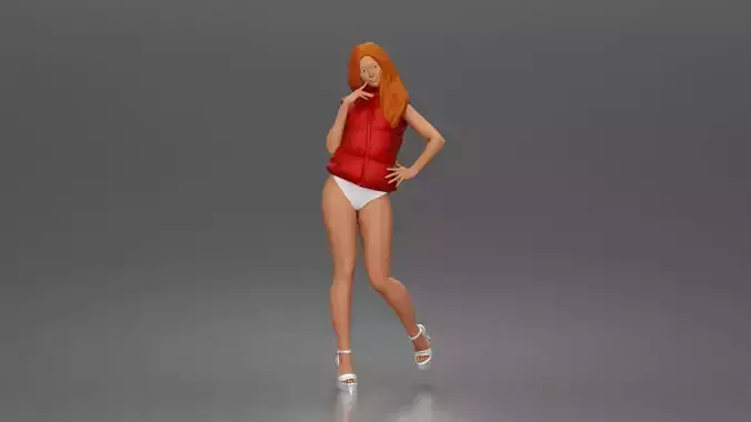 Woman poses flirtatiously wearing puffer vest bikini bottoms