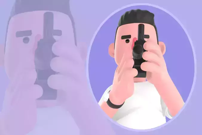 Stylized 3D Male Photographer Character - Low Angle Shot Pose