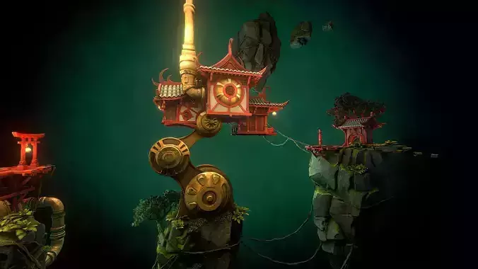 Stylized Fantasy Asian Temple Environment 3D Model