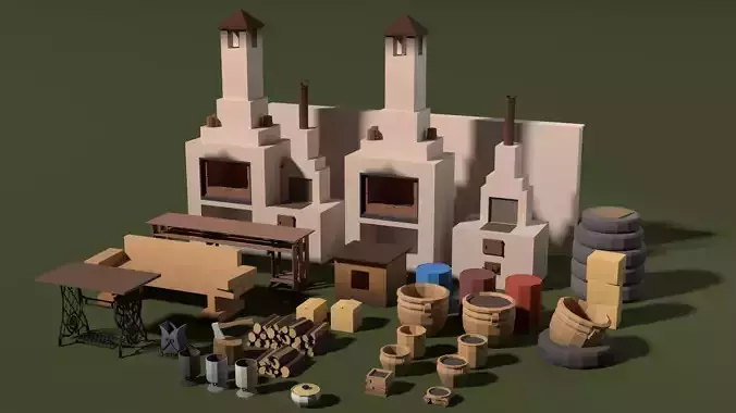 Low-poly country house yard props pack