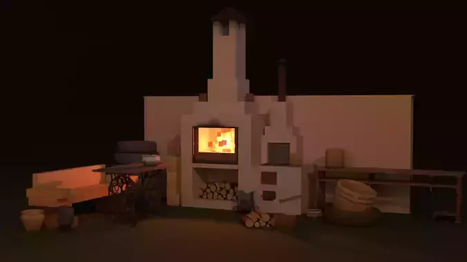 Low-poly country house yard props