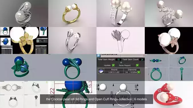 the Cocktail pearl stl 3d Rings and Open Cuff Rings collection