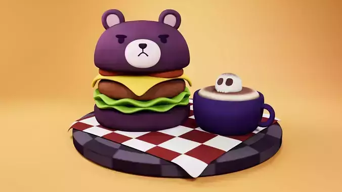 Bear Burger and Skull Latte 3D Model Cute Low Poly Set