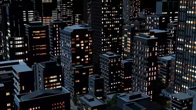 City Downtown Skyscraper Street 07 - NIGHT Low-poly 3D model 3