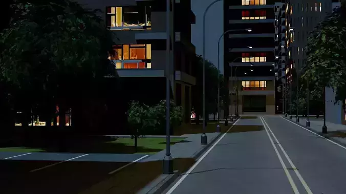 City Downtown Skyscraper Street 07 - NIGHT Low-poly 3D model 7
