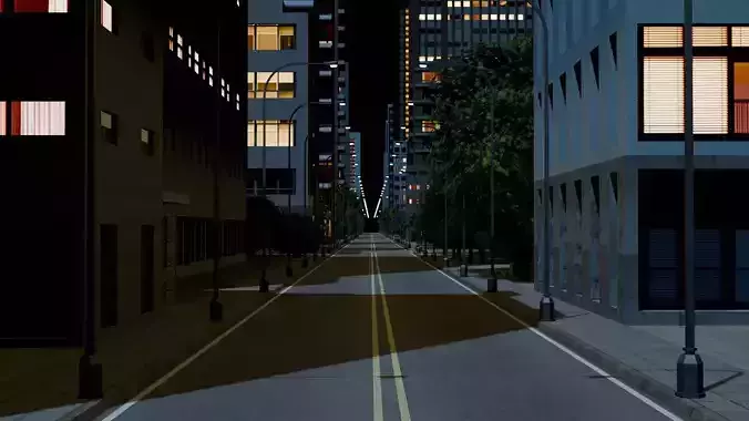City Downtown Skyscraper Street 07 - NIGHT Low-poly 3D model 6