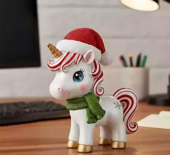 Festive Unicorn Figurine with Santa Hat and Scarf