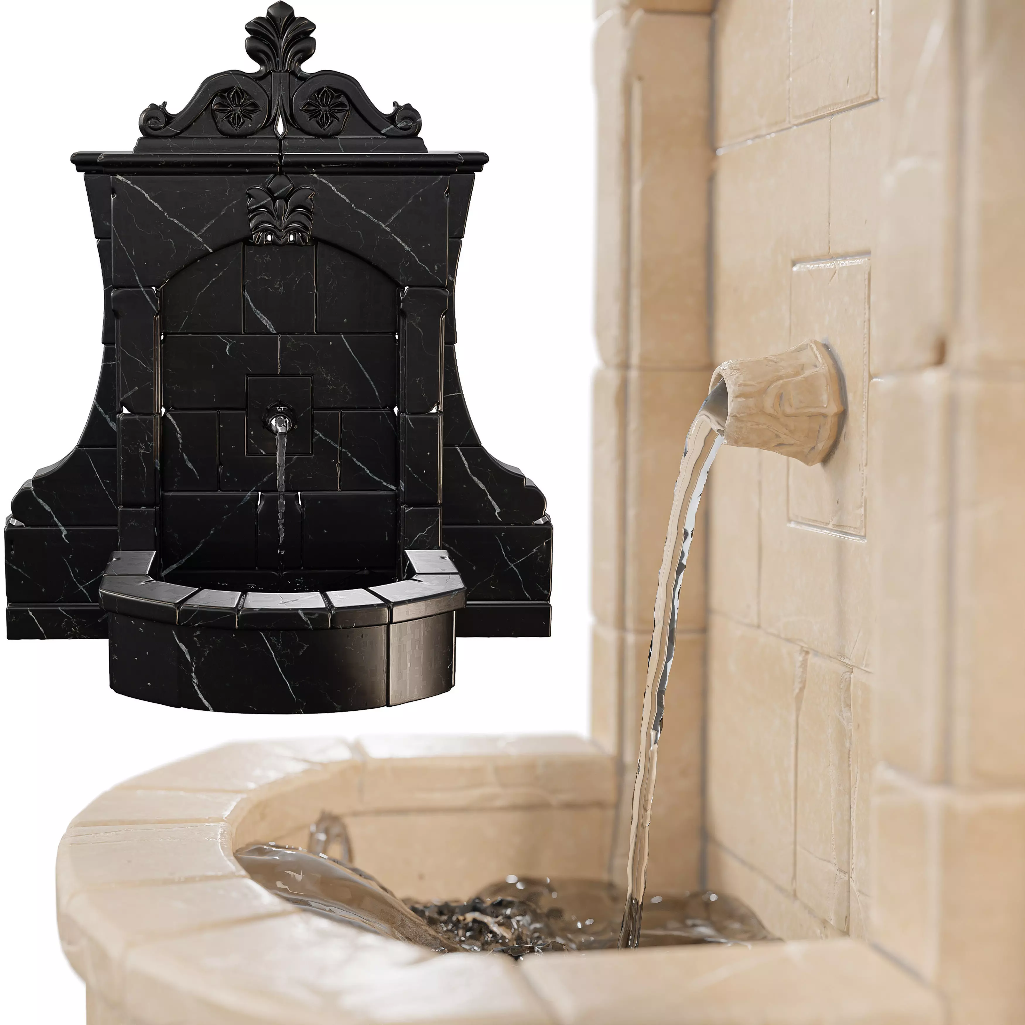 Vintage Stone Wall Fountain Classical Relief Low-poly 3D model_6