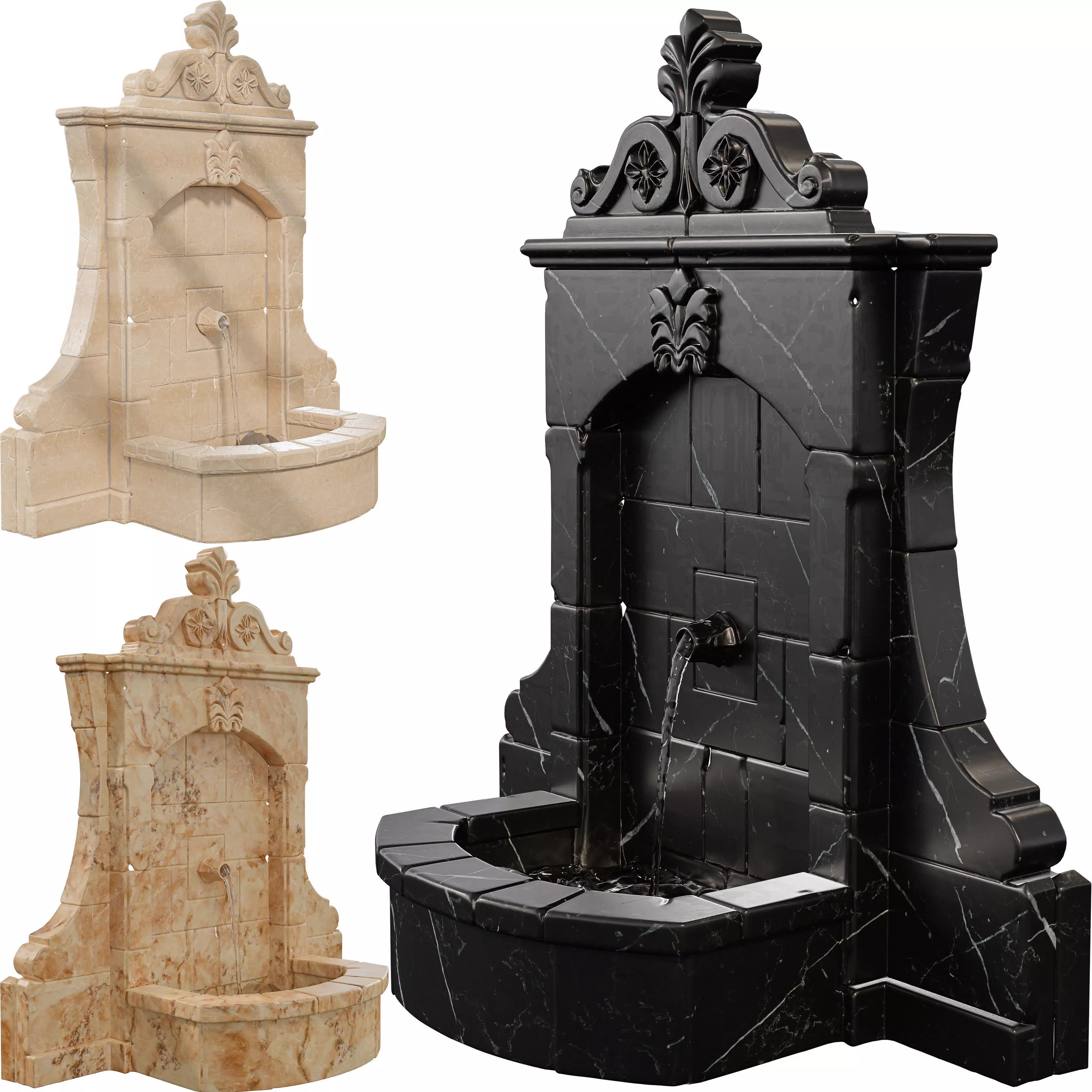 Vintage Stone Wall Fountain Classical Relief Low-poly 3D model_7