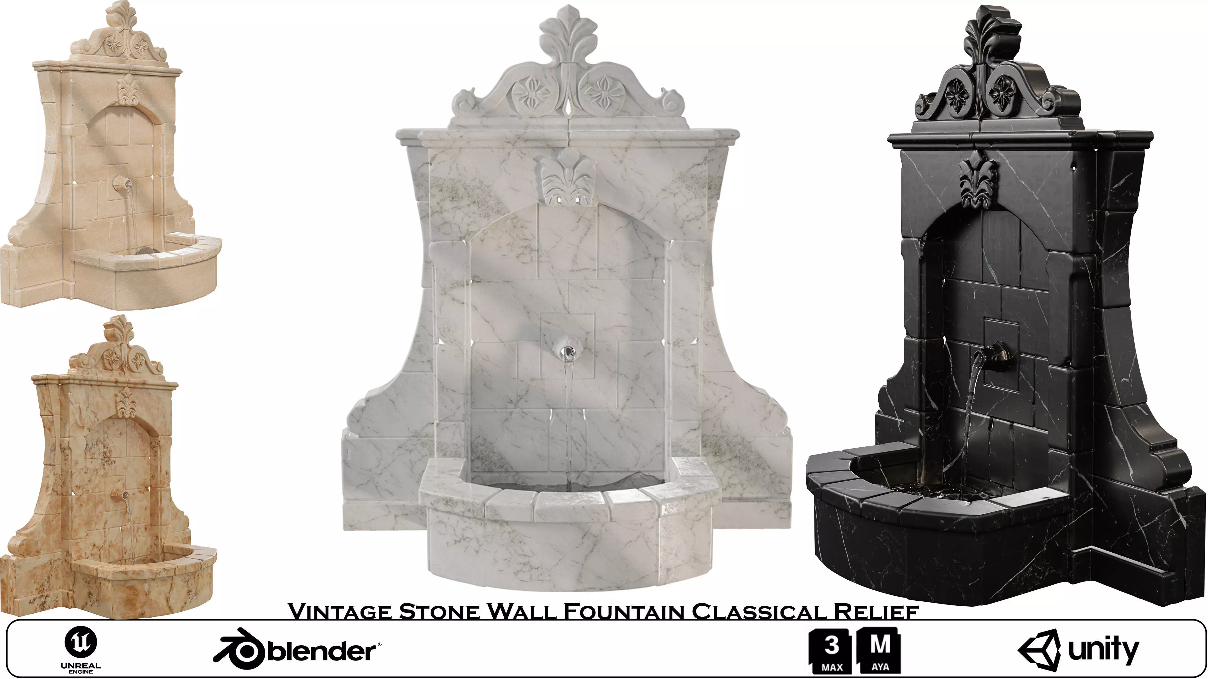 Vintage Stone Wall Fountain Classical Relief Low-poly 3D model_0