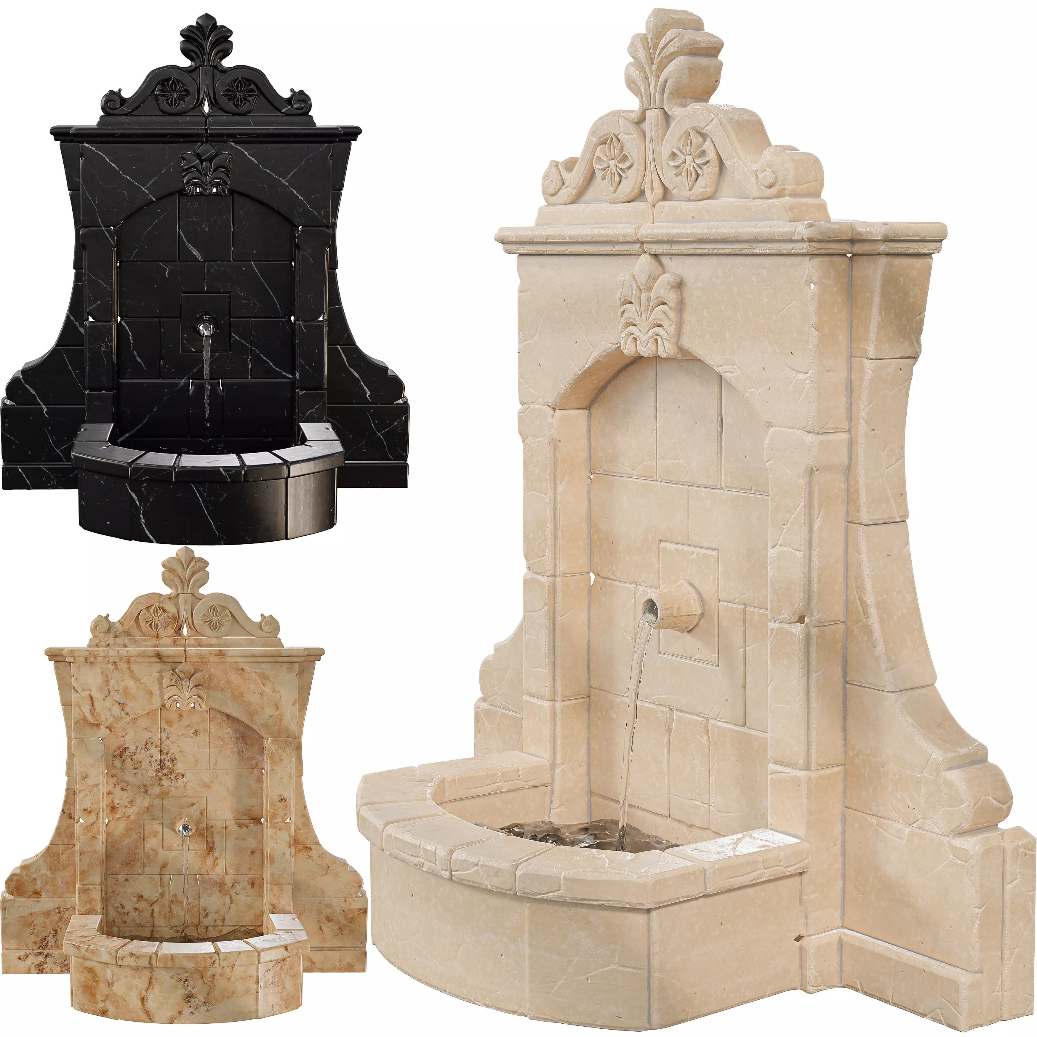 Vintage Stone Wall Fountain Classical Relief Low-poly 3D model_2