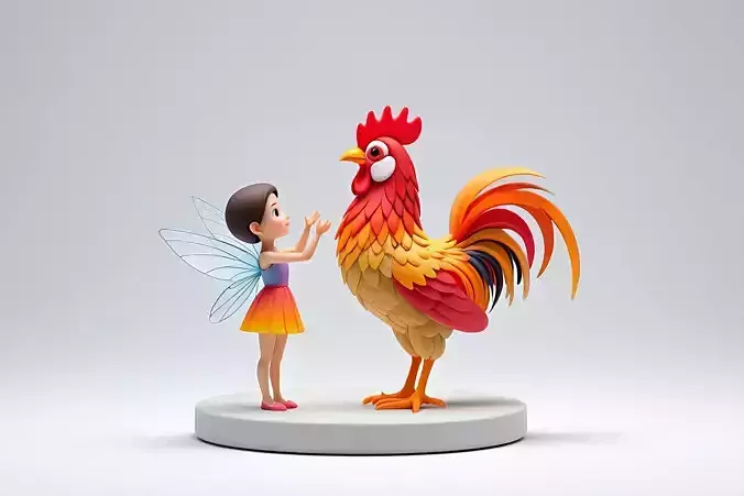 2897Color 3D Model of a Fairy Playing with a Rooster on Base 3D print model