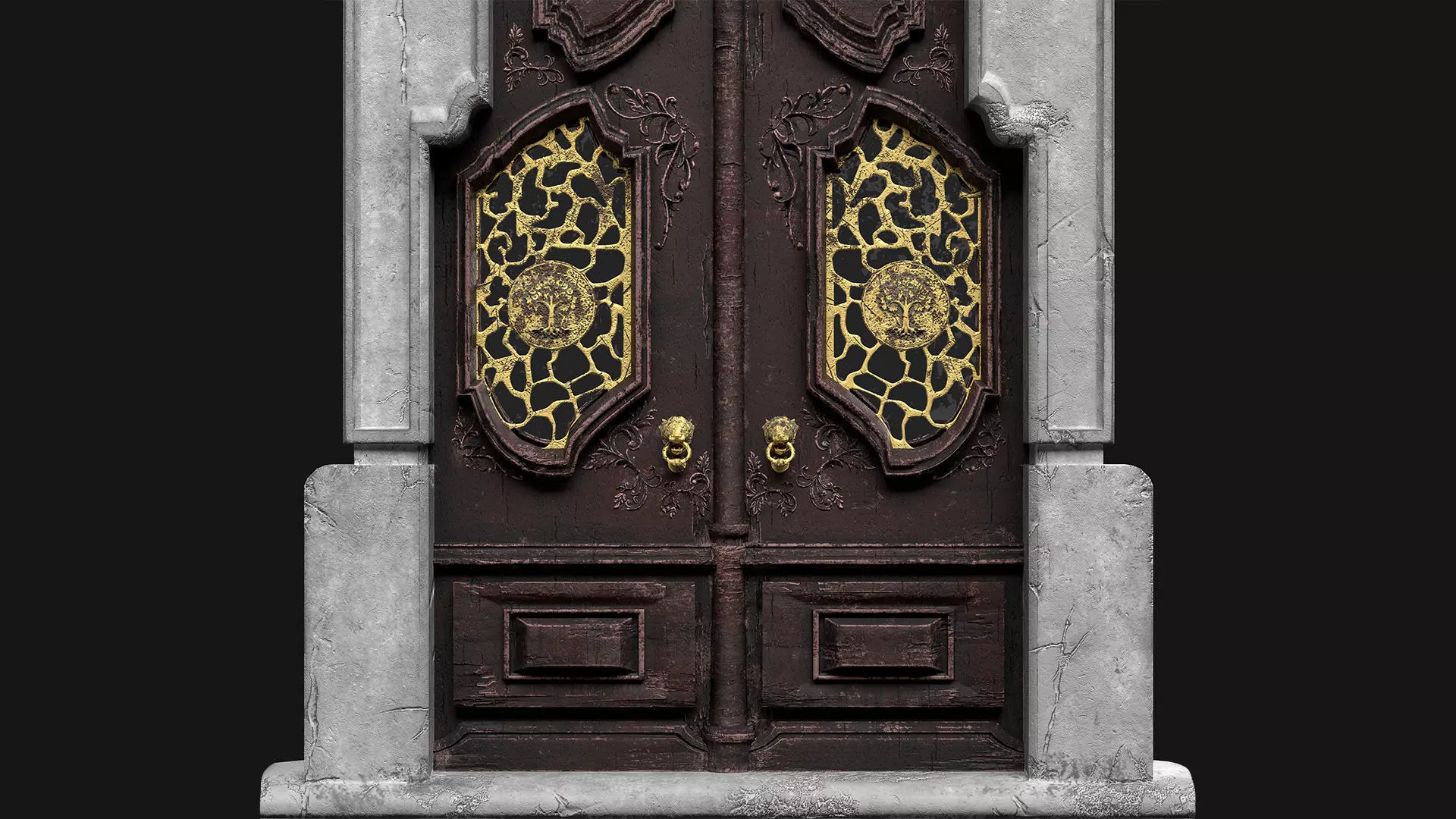 Big Wooden Door With Ornates Low-poly 3D model_3