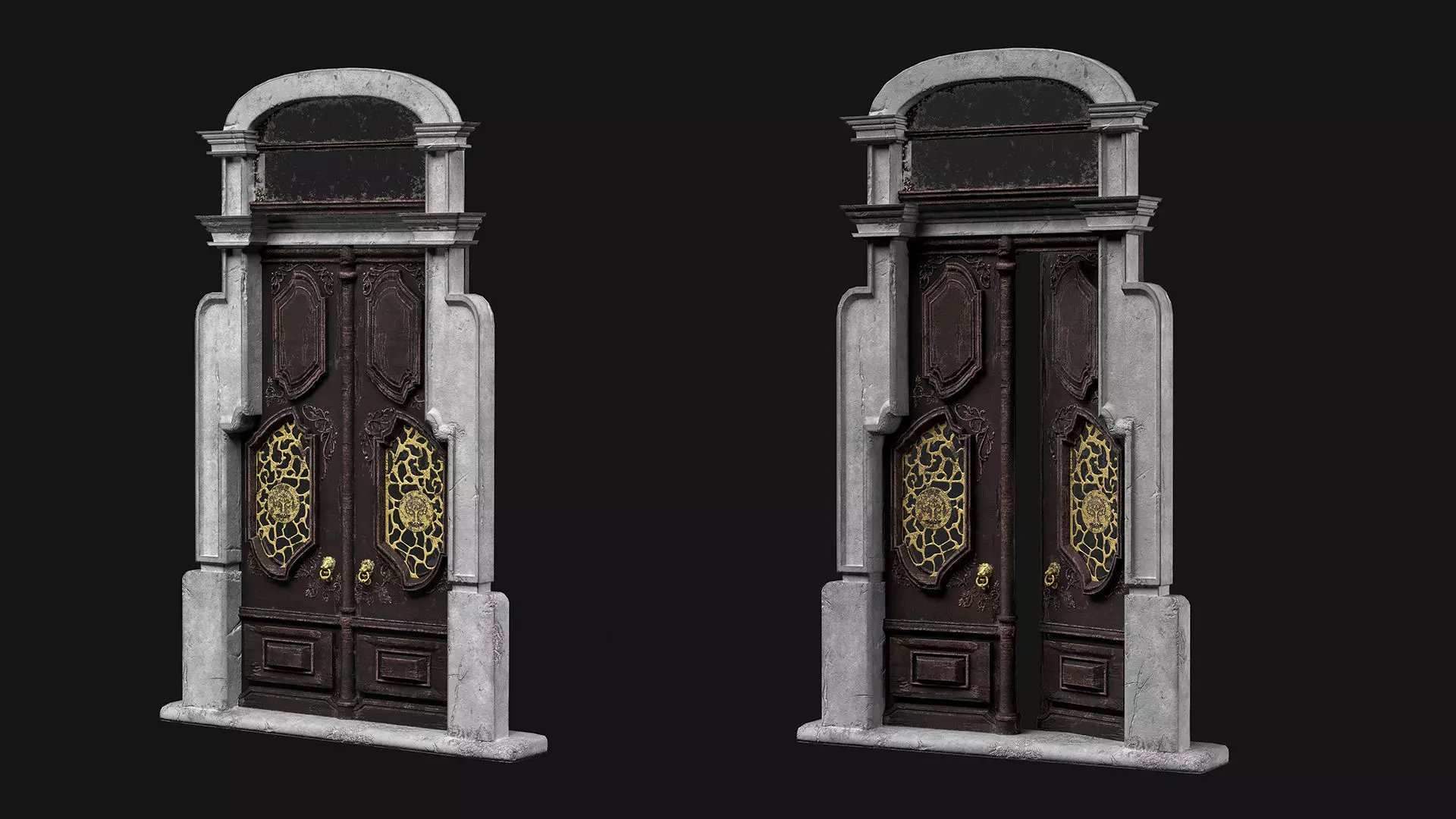 Big Wooden Door With Ornates Low-poly 3D model_2