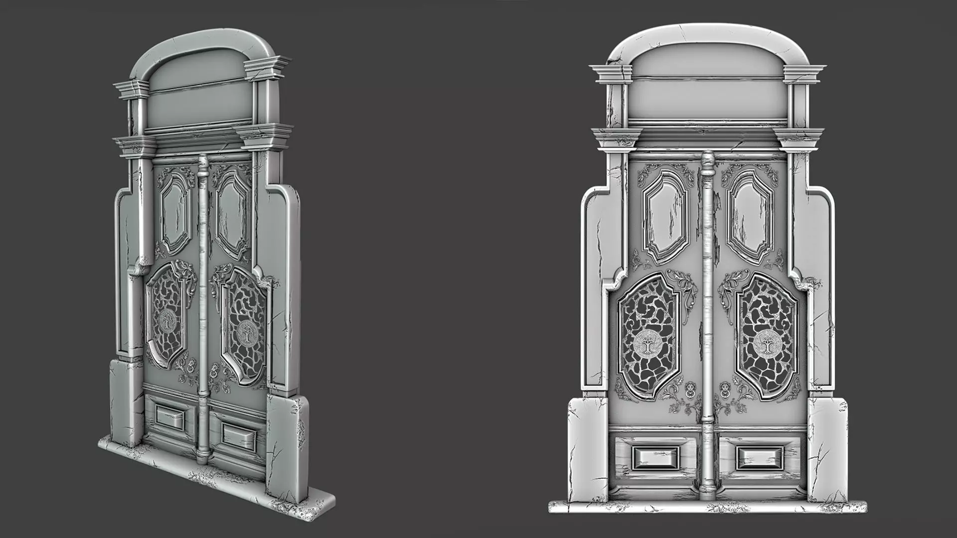 Big Wooden Door With Ornates Low-poly 3D model_4