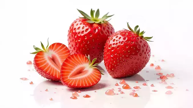 Strawberries multiple with green leave Red High-poly