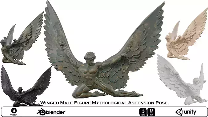 Winged Male Figure Mythological Ascension Pose Low-poly 3D model