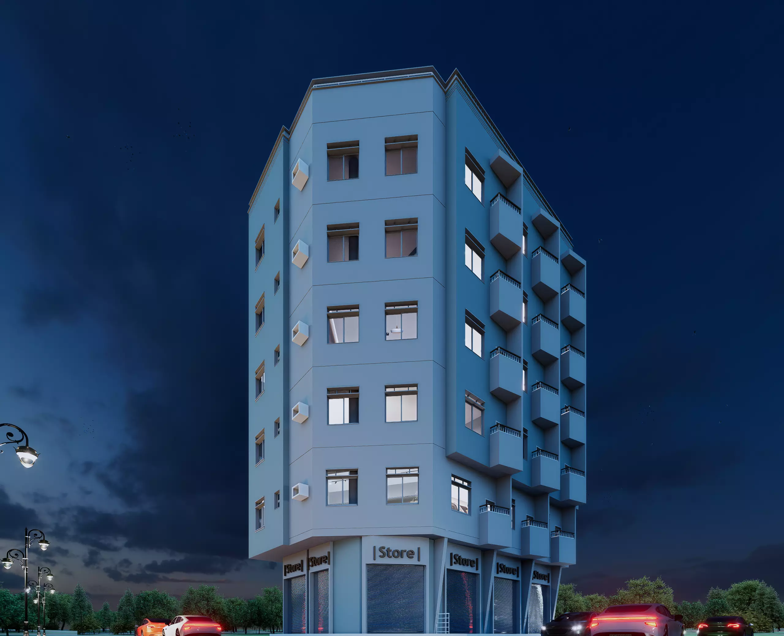 Modern Mixed-Use Building I Shops-6Floors Complete I 3D model_0